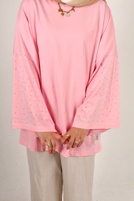 BABY PINK BLING TEE - wide sleeve